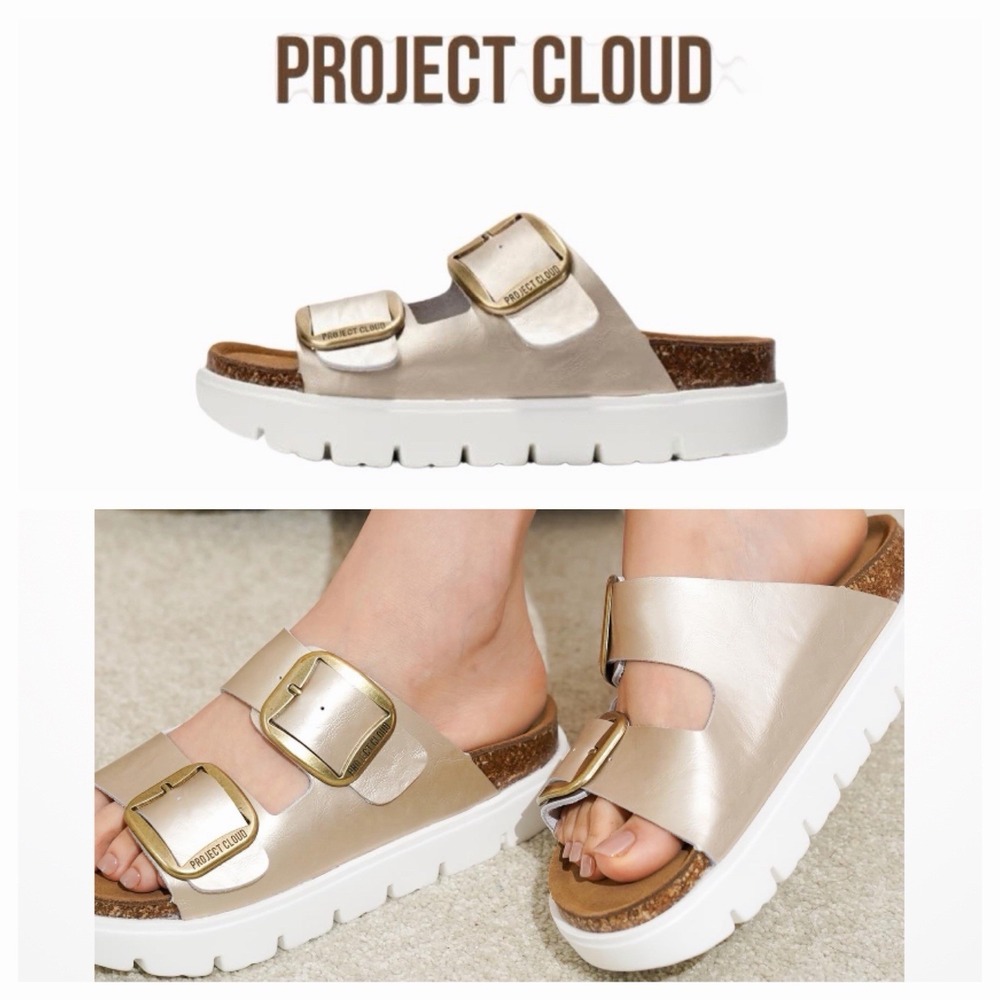 Project Cloud Greece Chunky Sandals Sz 5.5 Leather Platform Slide Ons•Gold Comfy